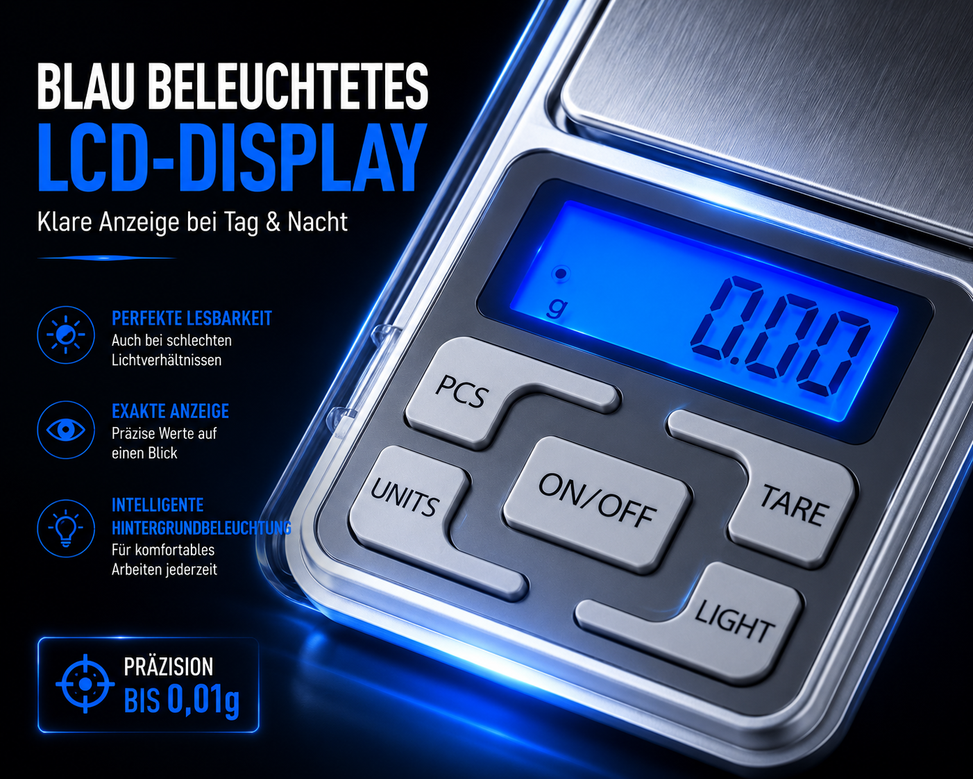 Digitale Taschenwaage mit blauem LCD-Display und silbernen Tasten, Nahaufnahme.