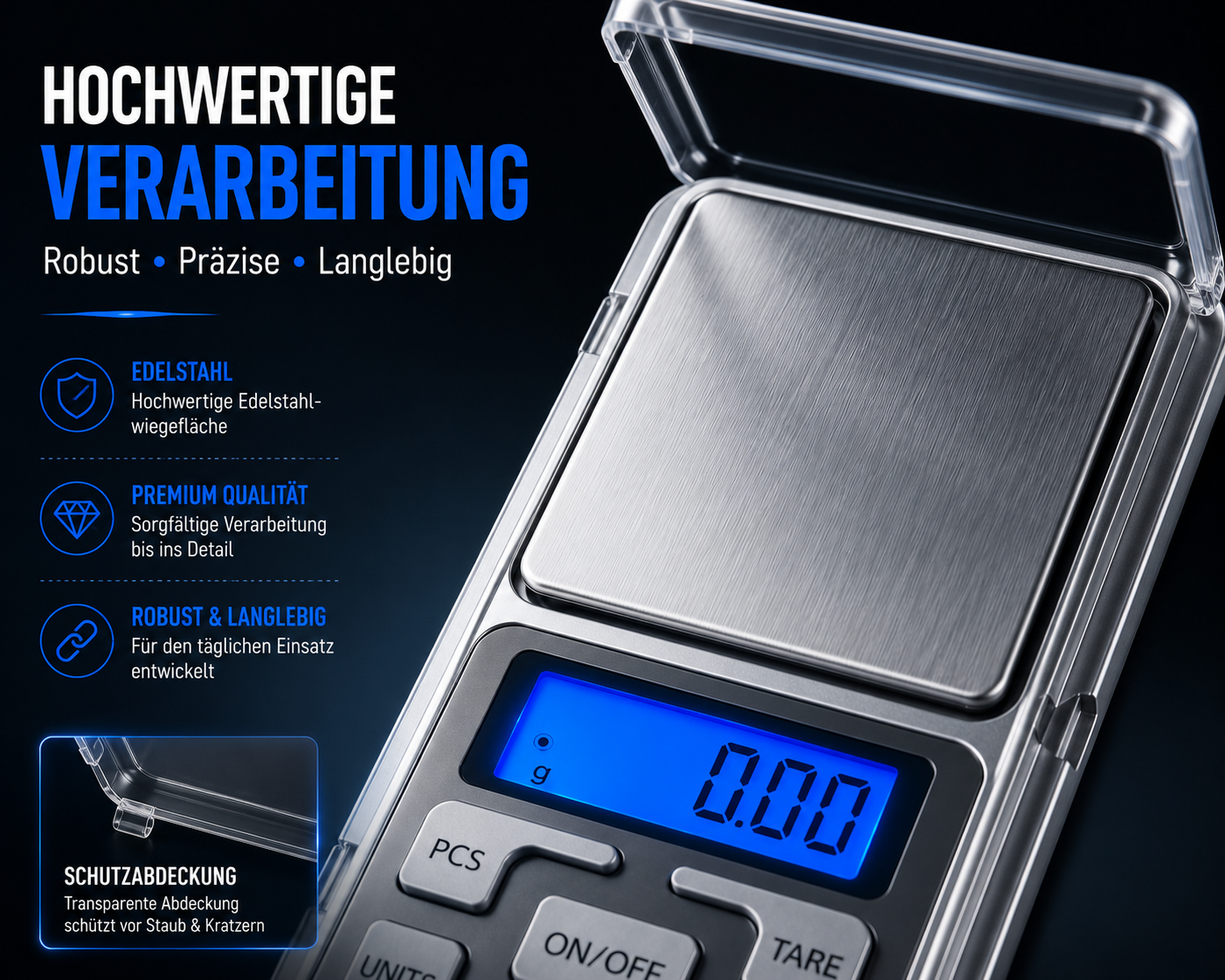 Digitale Taschenwaage mit Edelstahlplattform und blauem LCD-Display, flankiert von deutscher Textgrafik.