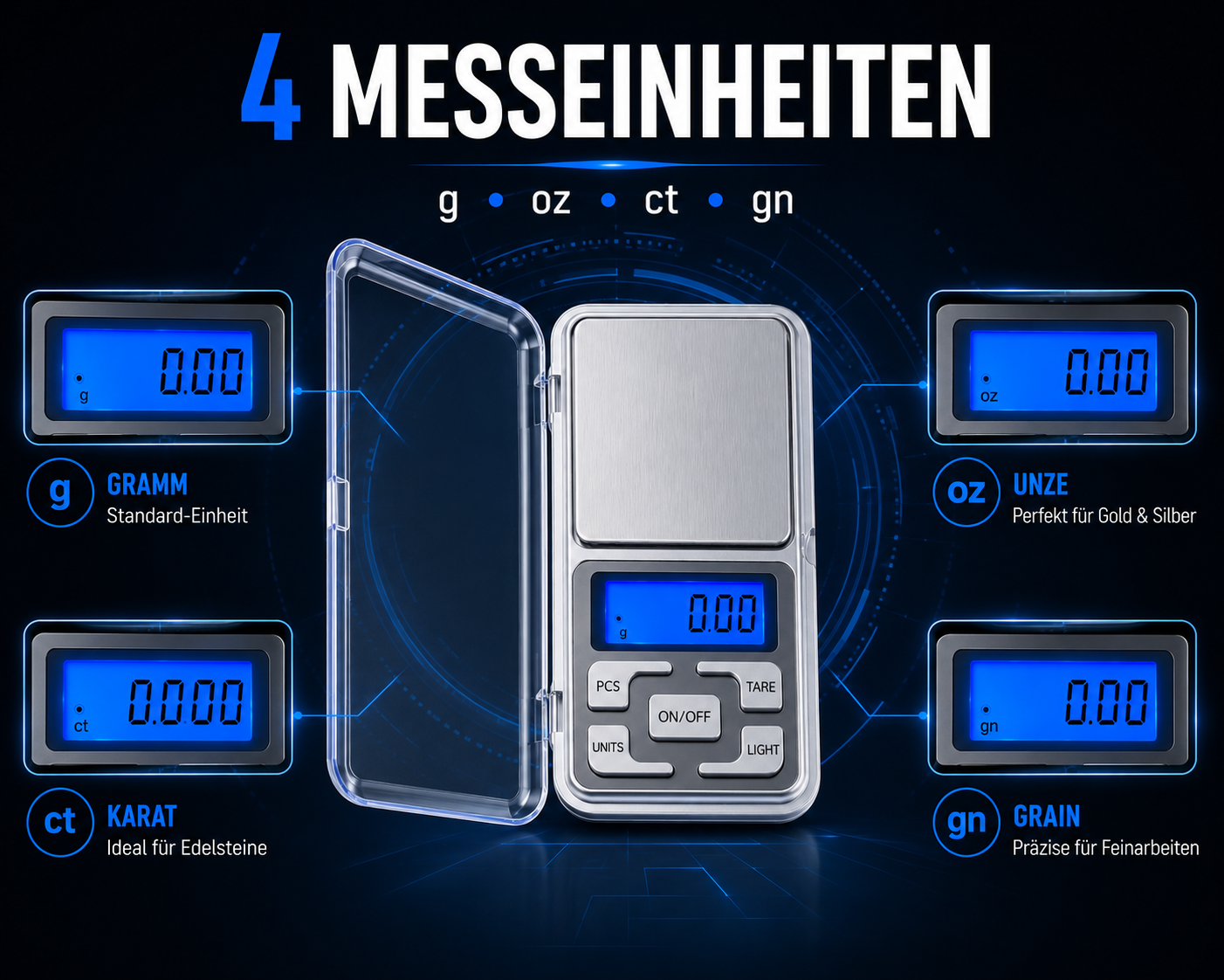 Eine digitale Taschenwaage mit vier Maßeinheiten: Gramm, Unzen, Karat und Grain vor blauem Hintergrund.