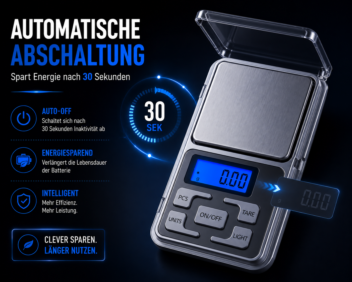 Digitale Taschenwaage mit blauer LCD-Anzeige und automatischer Abschaltung nach 30 Sekunden.