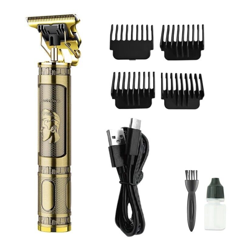 Goldener Haarschneider mit graviertem Griff, vier schwarzen Kammaufsätzen, USB-Kabel, Bürste und Ölflasche.