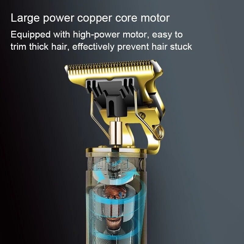 Goldener Haarschneider mit sichtbarem Kupferkernmotor und Text darüber.
