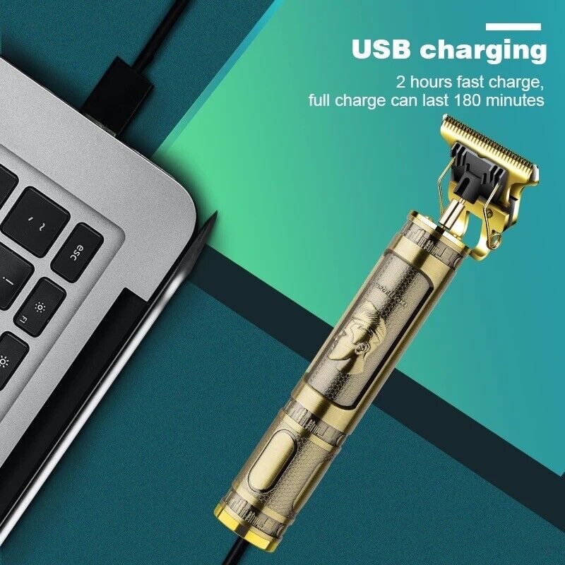 Goldener Haarschneider auf blauem Hintergrund mit USB-Ladehinweis und Laptop-Teil.