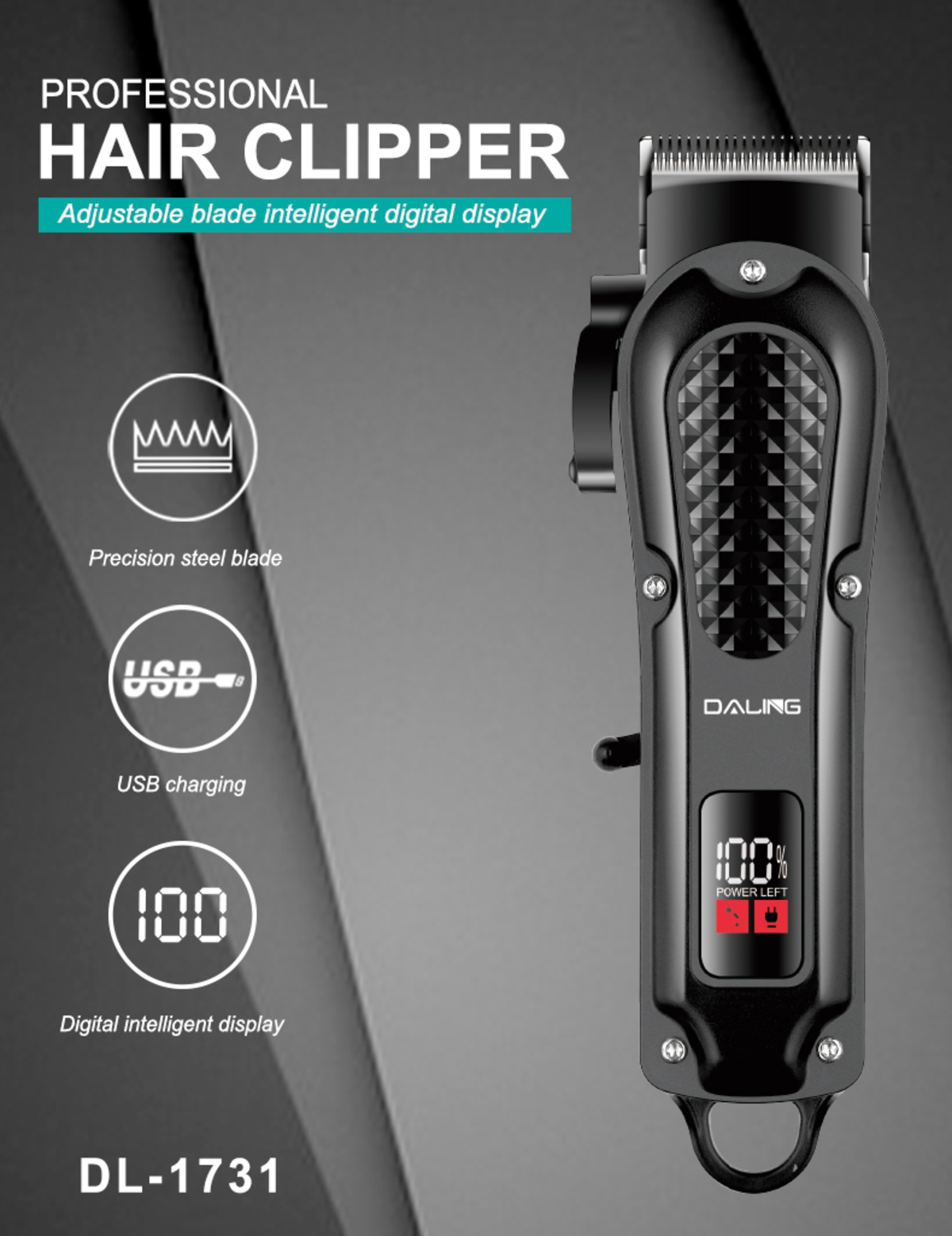 Schwarze professionelle Haarschneidemaschine mit digitaler Anzeige, USB-Ladung und Stahlklinge auf grauem Hintergrund.