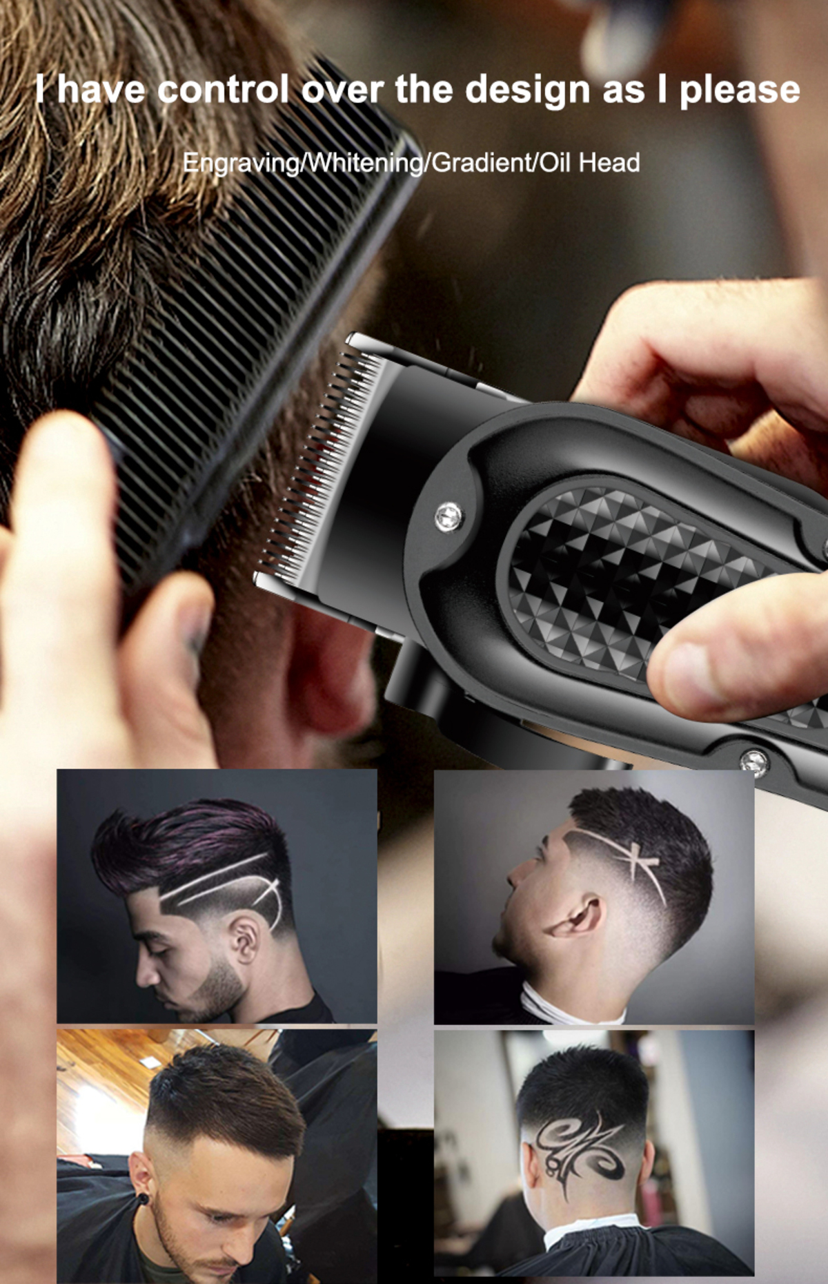 Nahaufnahme einer schwarzen Haarschneidemaschine mit Kamm, darunter verschiedene frisierte Haarschnitte.