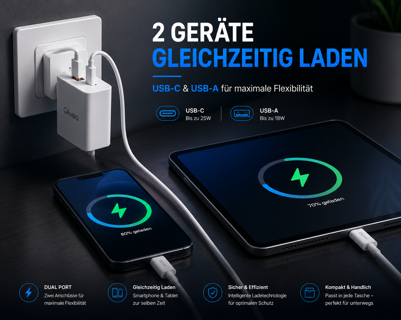 Ein weißes USB-Ladegerät mit zwei Anschlüssen lädt ein Smartphone und ein Tablet auf einer dunklen Oberfläche.