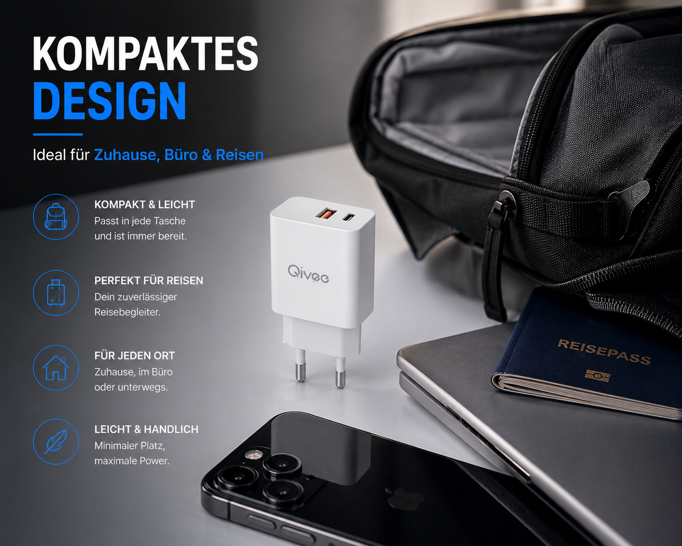 Weißer Qivee-USB-Lader auf Schreibtisch mit Smartphone, Laptop, Reisepass und Rucksack.