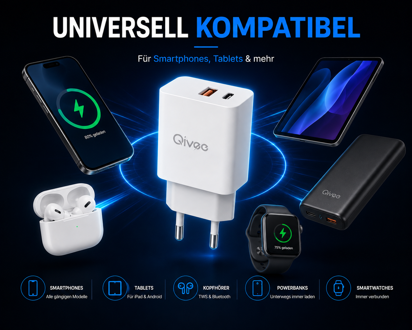 Ein weißes Qivee Schnellladegerät im Zentrum, umgeben von einem Smartphone, Tablet, Powerbank, Uhr und Ohrhörern.