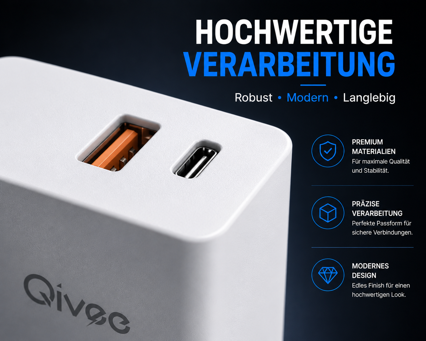 Weißes Qivee-Ladegerät mit USB-A und USB-C Anschlüssen, beschriftet mit hochwertiger Verarbeitung.