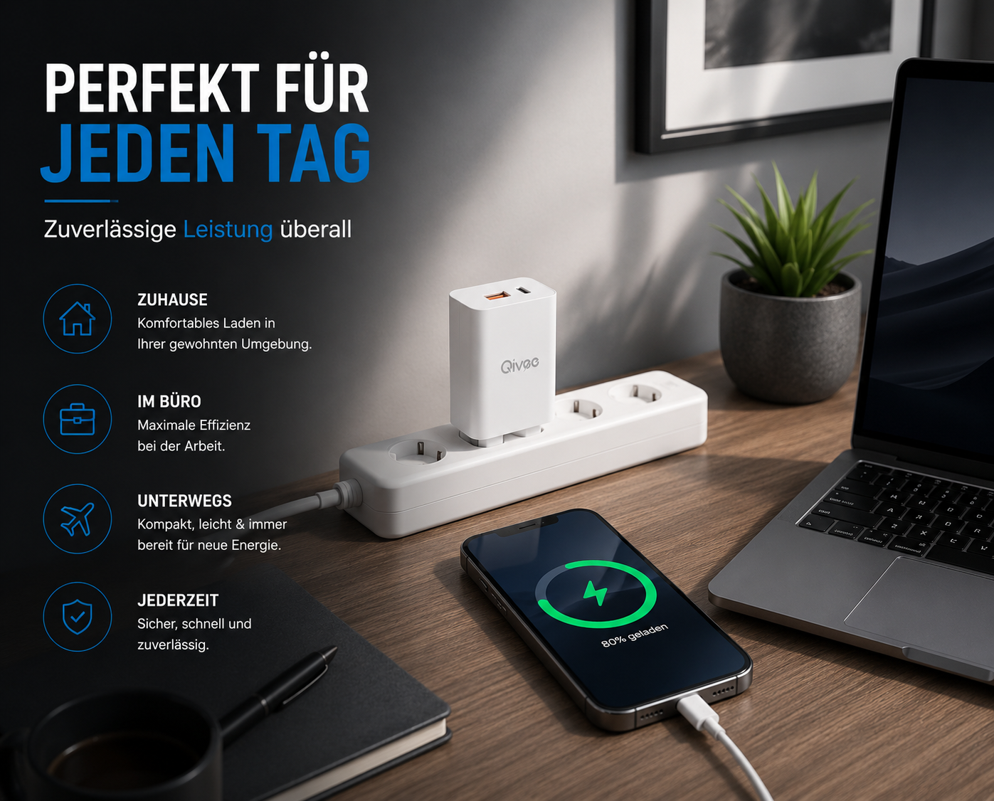 Eine weiße Steckdosenleiste und ein Ladegerät auf einem Holzschreibtisch, verbunden mit Smartphone und Laptop.