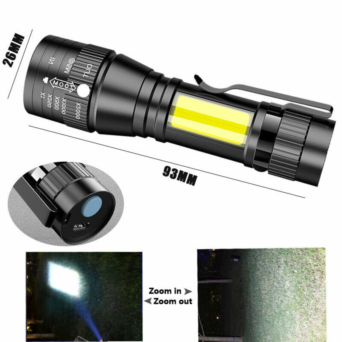 Schwarze Taschenlampe mit Abmessungen, Knopf und Zoom-Lichteffekten auf Rasen.