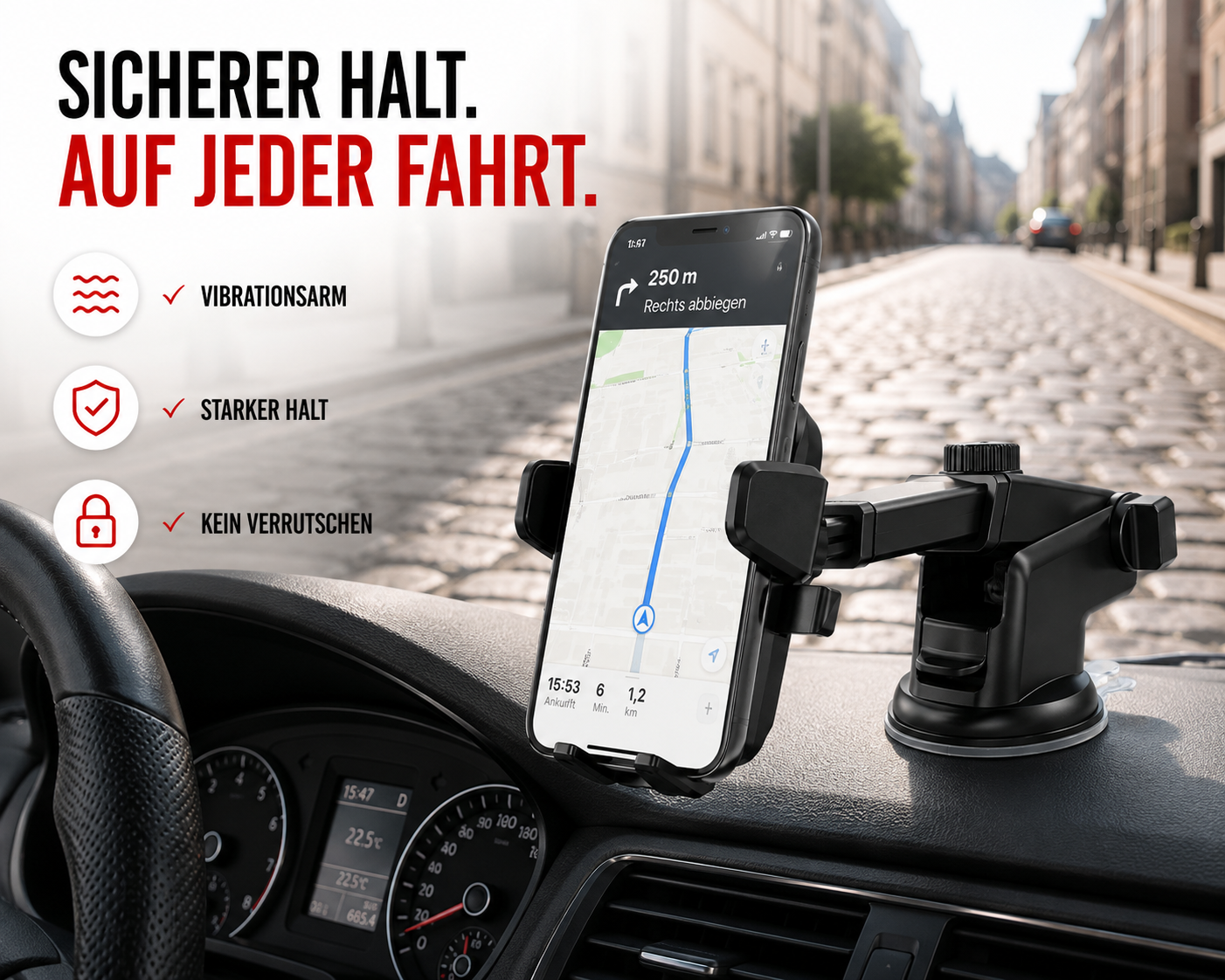 Smartphone auf Autocockpit mit Navigationsapp vor verschwommener Straße.