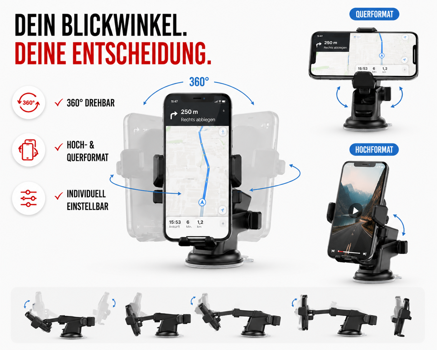 Eine verstellbare 360-Grad-Autohalterung für Smartphones mit Navigationsanzeige in Hoch- und Querformat.