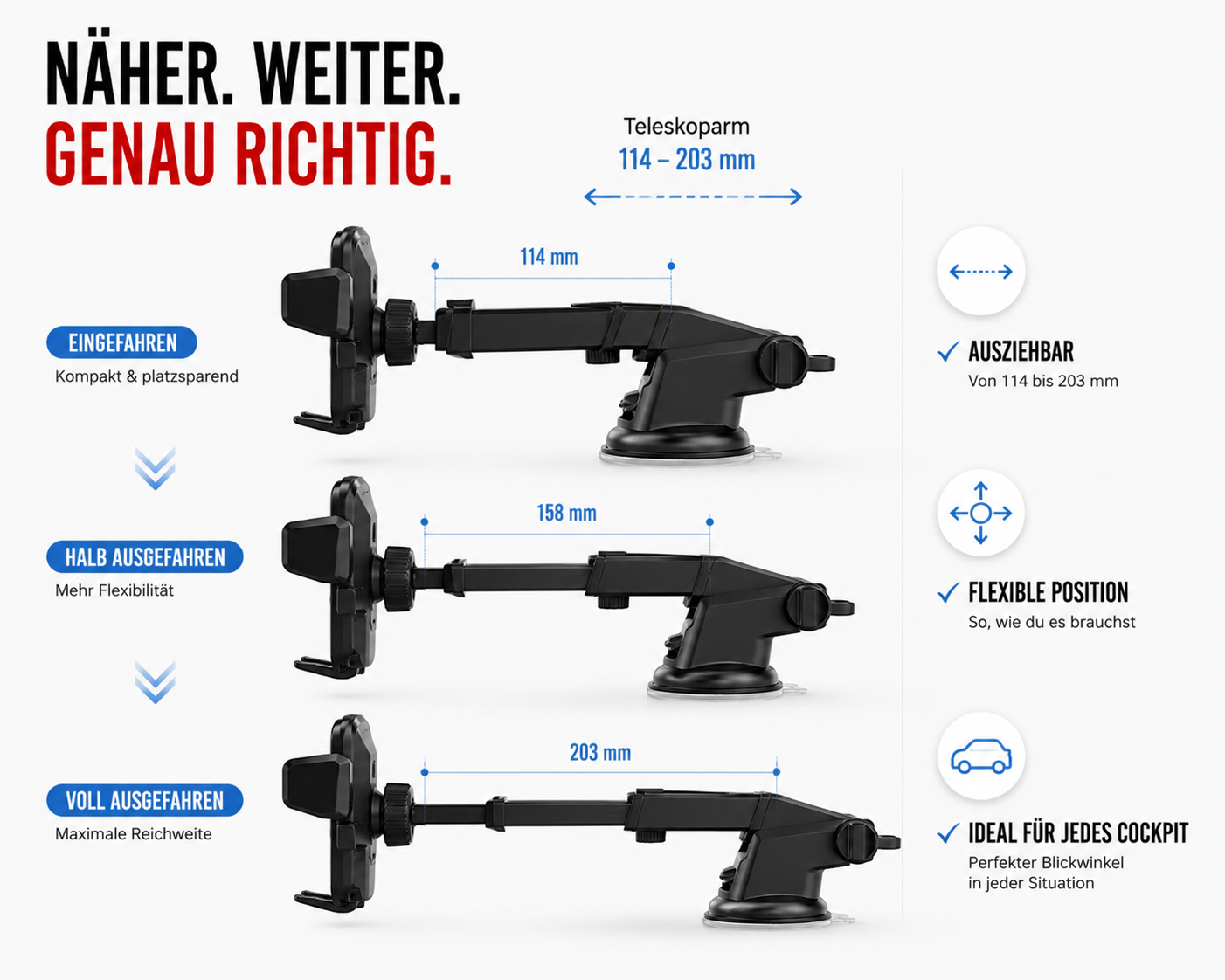 Vergleichsbilder eines verstellbaren Auto-Halterungsarms mit Längen von 114 mm, 158 mm und 203 mm sowie Texten.