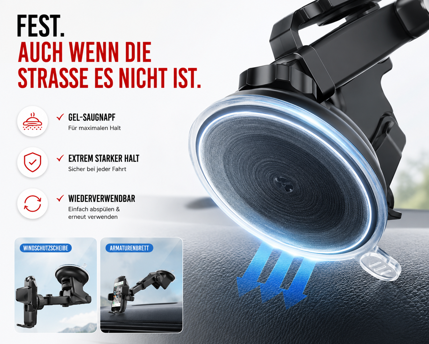 Starke Saugnapf-Halterung für das Auto mit Text und Symbolen auf der linken Seite.