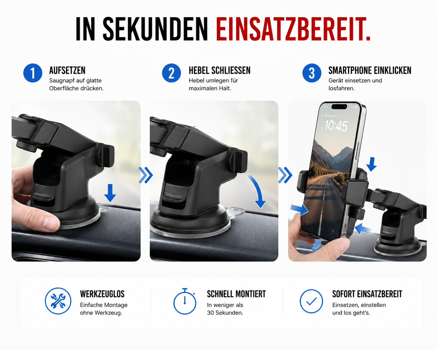 Schritt-für-Schritt-Anleitung zur einfachen und schnellen Montage einer Smartphone-Autohalterung.