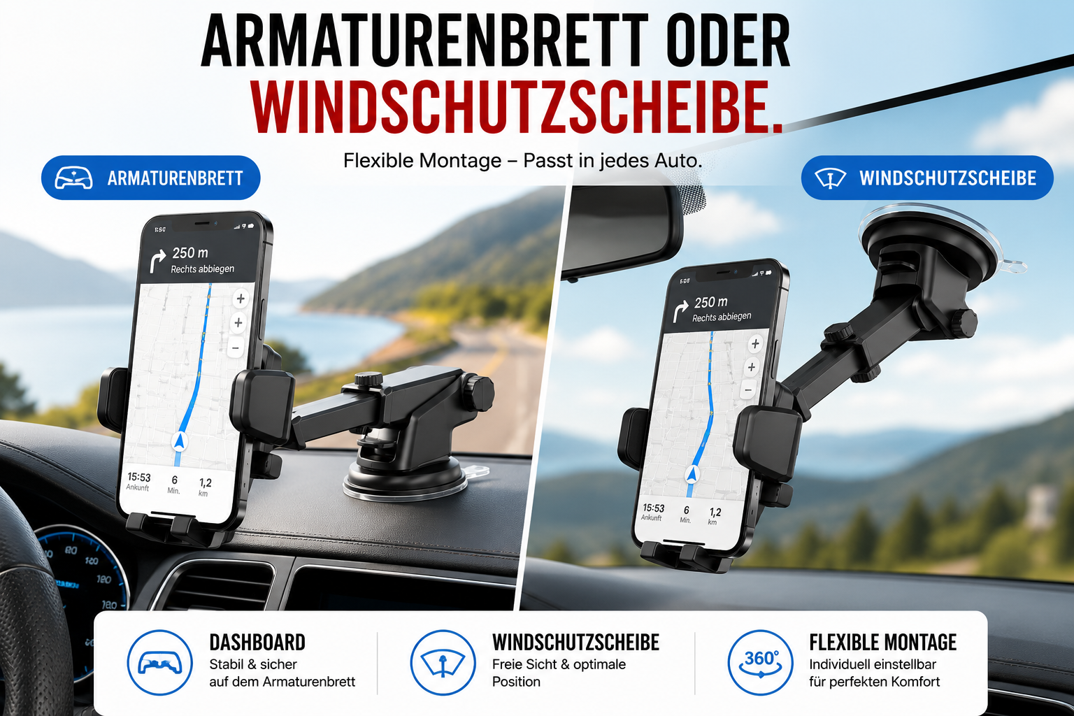 Eine Smartphone-Autohalterung, montiert auf Armaturenbrett und Windschutzscheibe mit Navi-App.