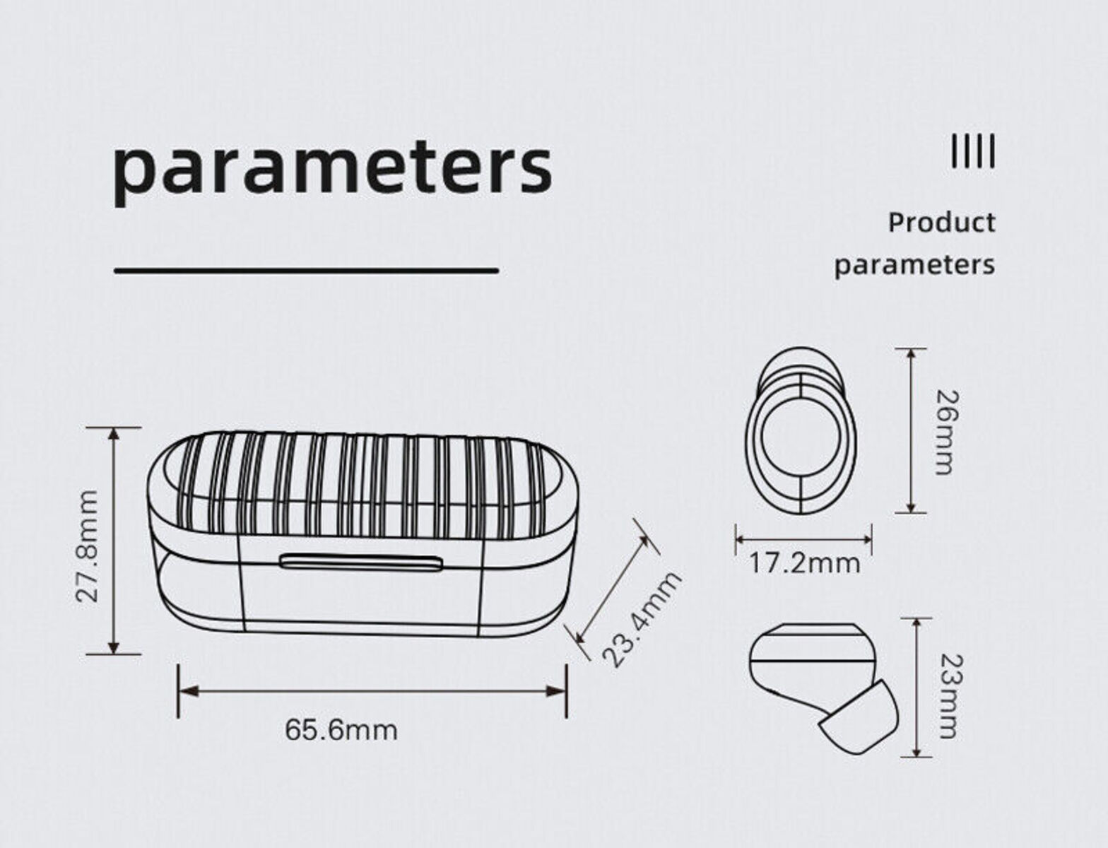 Diagramm zeigt Abmessungen eines Ladecase und Kopfhörer in Millimetern.