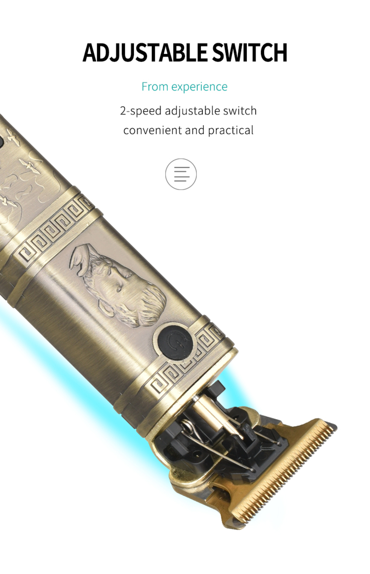 Goldener Haarschneider mit antikem Muster und verstellbarem Schalter.