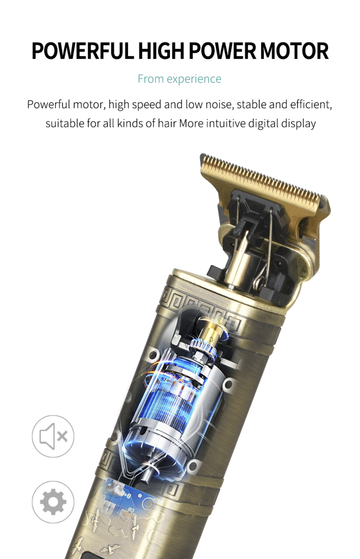 Goldfarbene Haarschneidemaschine mit sichtbarem blauem Motor und Text darüber.