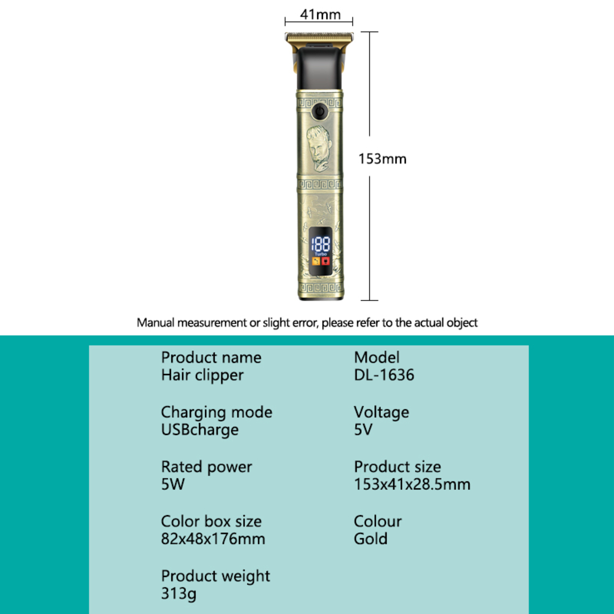 Goldener Haarschneider mit Gravur, digitalen Display und Produktspezifikationen.