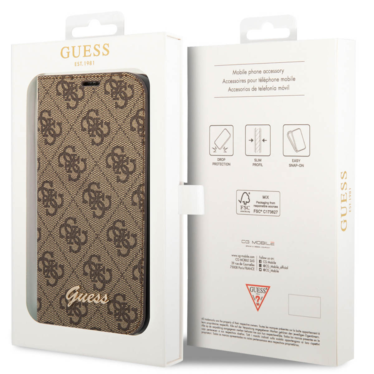 Custodia per telefono Guess monogrammata in confezione bianca con dettagli.