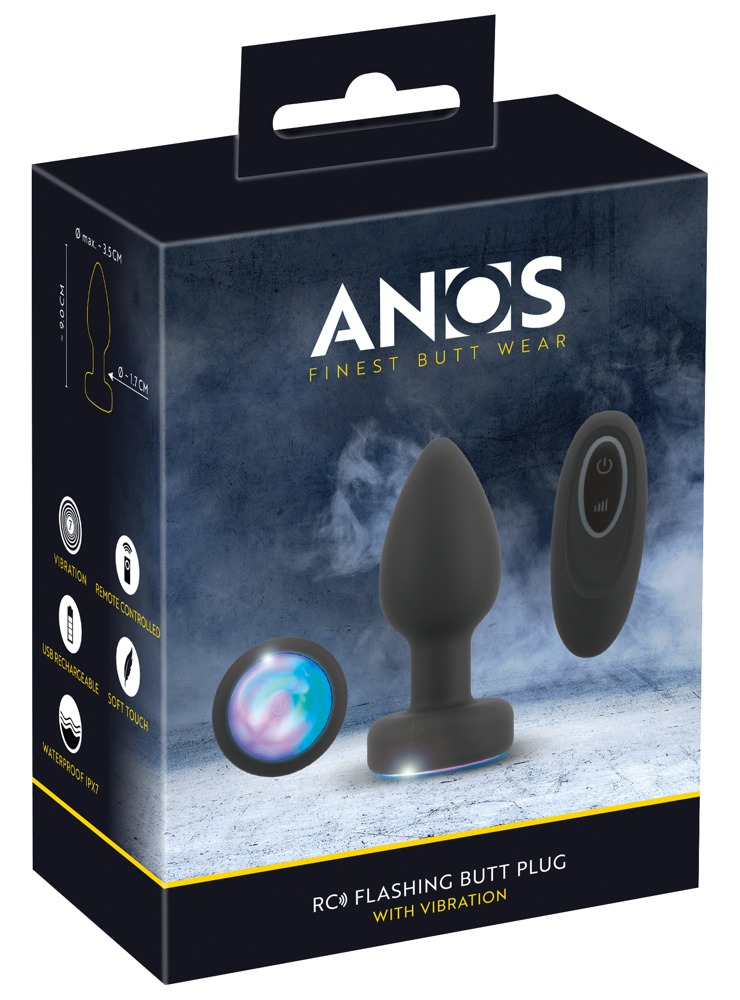 Verpackung eines schwarzen, ferngesteuerten Butt Plugs mit LED-Beleuchtung und Vibration.