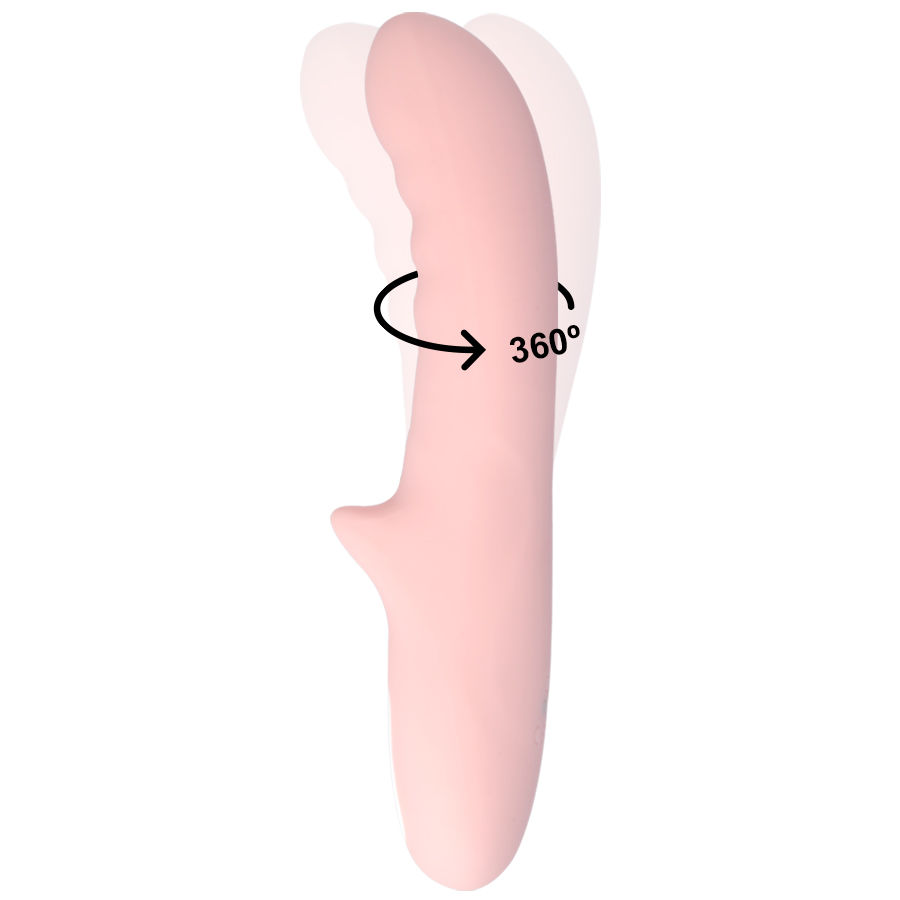 Un masajeador ergonómico rosa con una flecha de rotación de 360 grados sobre fondo blanco.