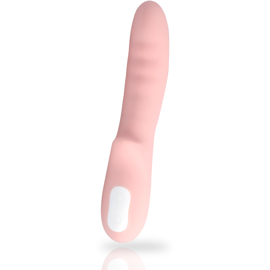 Un vibrador curvo de color rosa con un panel de control blanco y botón de encendido sobre un fondo claro.