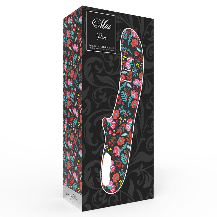 Caja de embalaje para estimulador personal Mia Pisa con patrón floral sobre fondo negro.