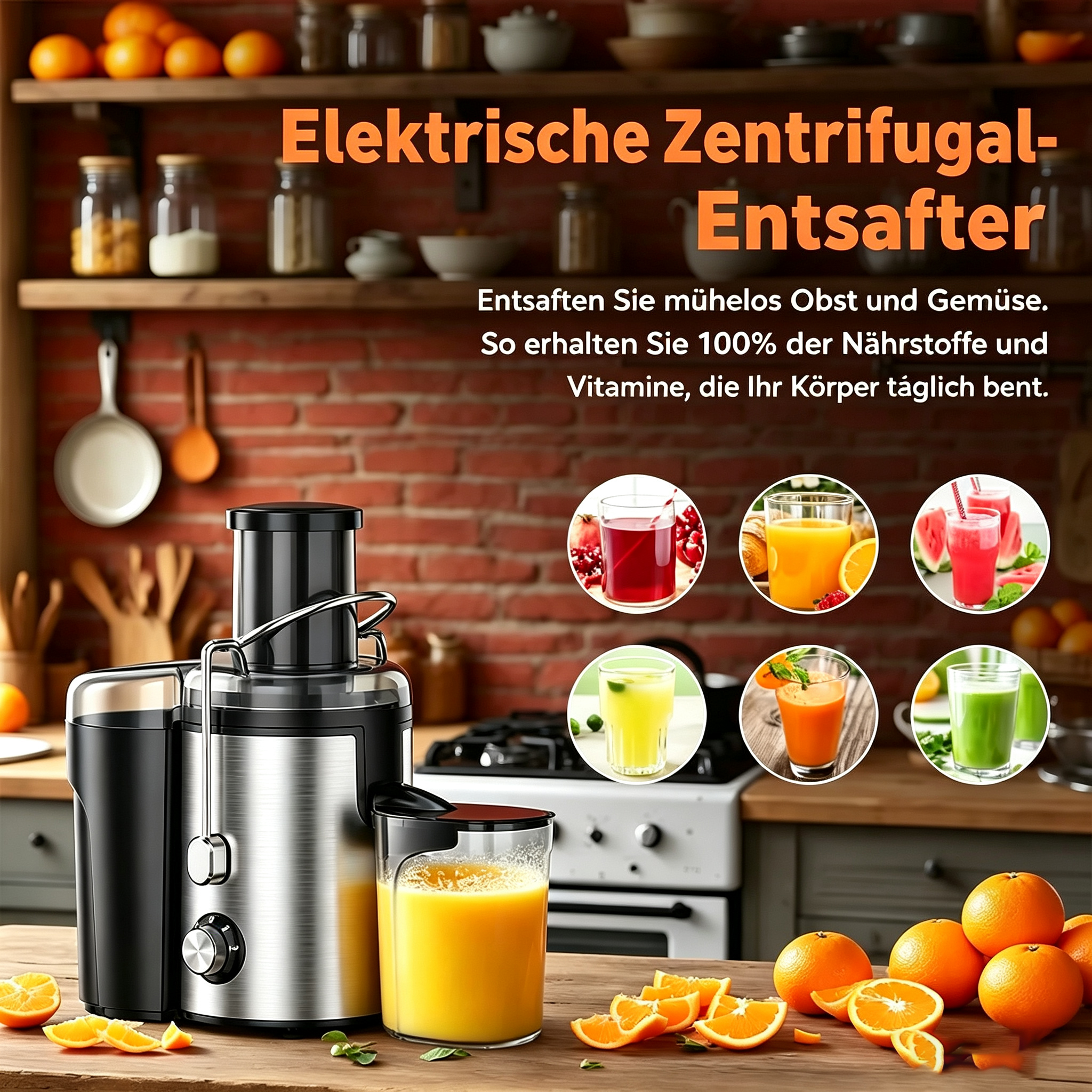 Ein Zentrifugalentsafter steht auf einer Holzarbeitsplatte, gefüllt mit frischem Orangensaft, umgeben von Zitrusfrüchten.