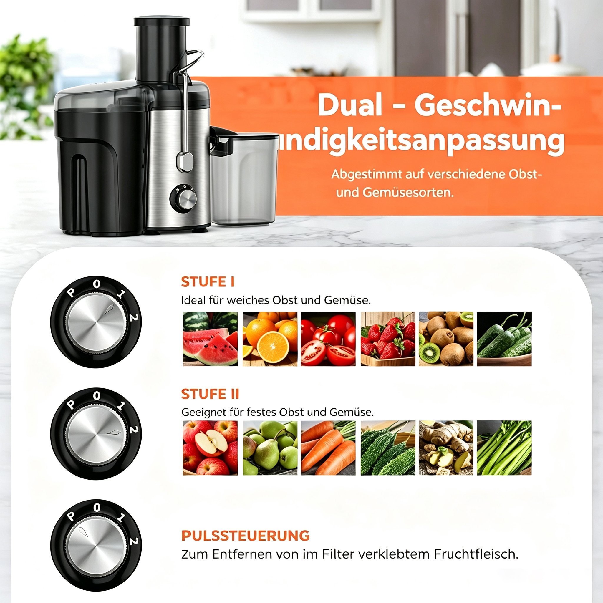 Edelstahl-Entsafter mit zwei Geschwindigkeitsstufen für weiches und festes Obst sowie Gemüse und Pulsfunktion.
