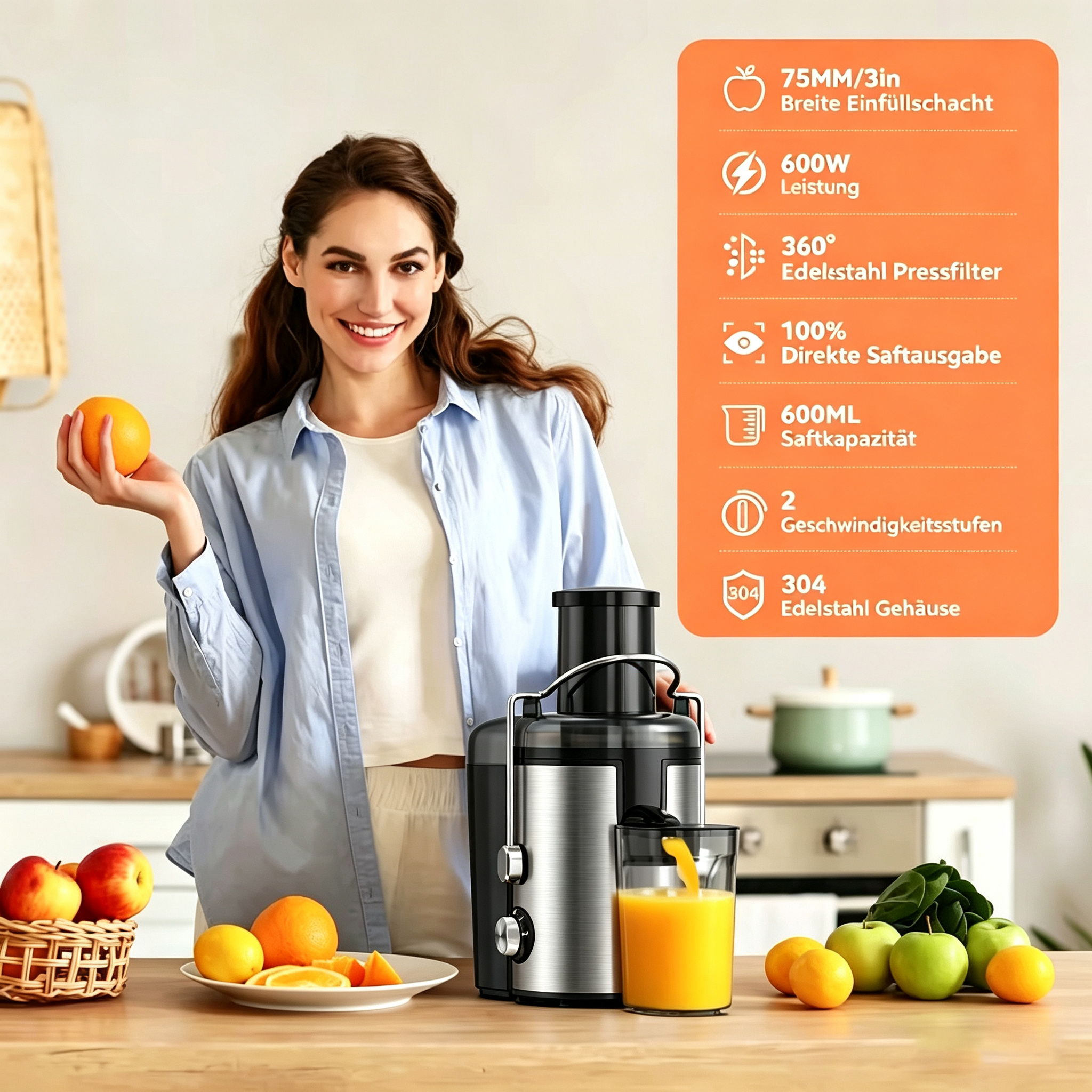 Eine Frau hält eine Orange neben einem Entsafter in einer Küche, mit Produktdetails auf einem orangefarbenen Schild.