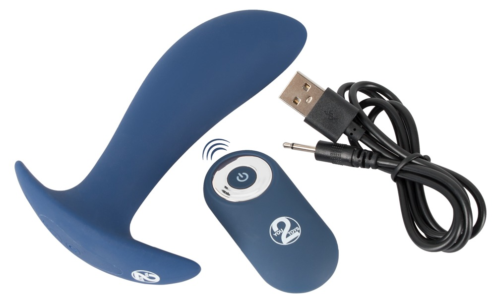 Ein blaues Lifestyle-Spielzeug aus Silikon, eine kleine blaue Fernbedienung mit Ein/Aus-Schalter und ein schwarzes USB-Ladekabel.