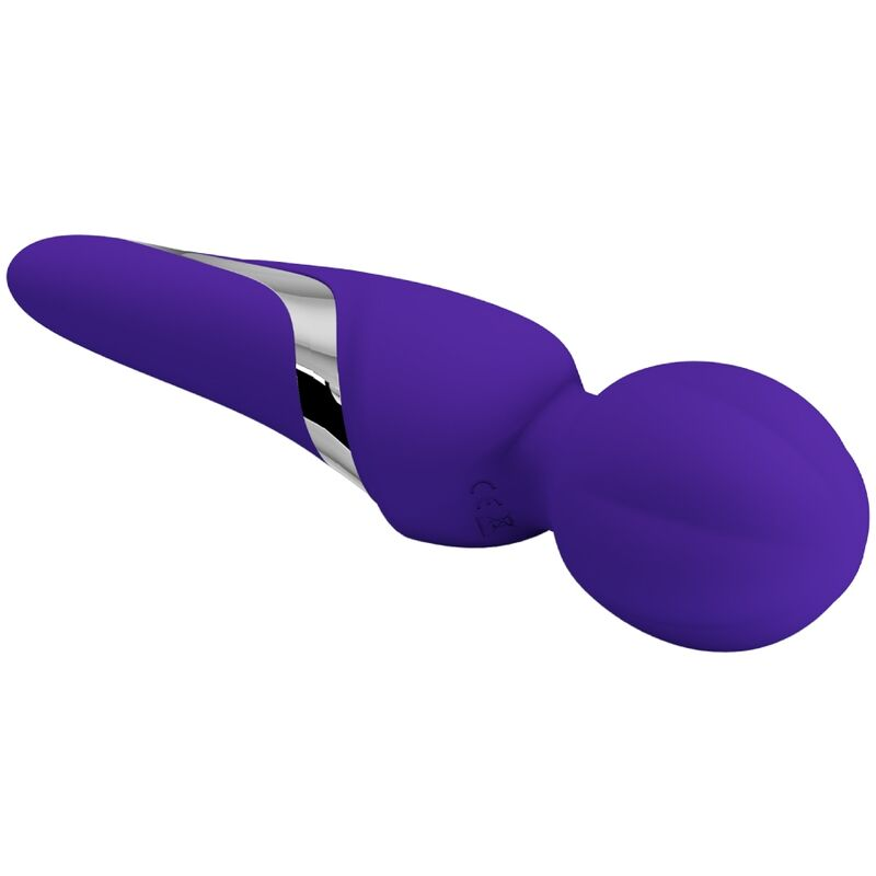 Un juguete para adultos morado con una elegante franja de acento metálico plateado sobre fondo blanco.