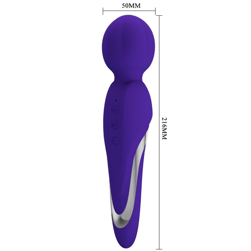 Juguete masajeador vibratorio morado con detalle plateado, 216mm de largo, con medidas.