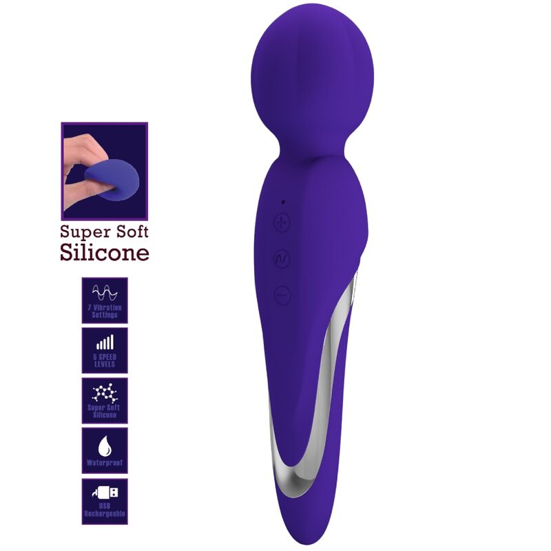 Masajeador de silicona morado con cabeza redonda y detalles plateados, junto a iconos de funciones.