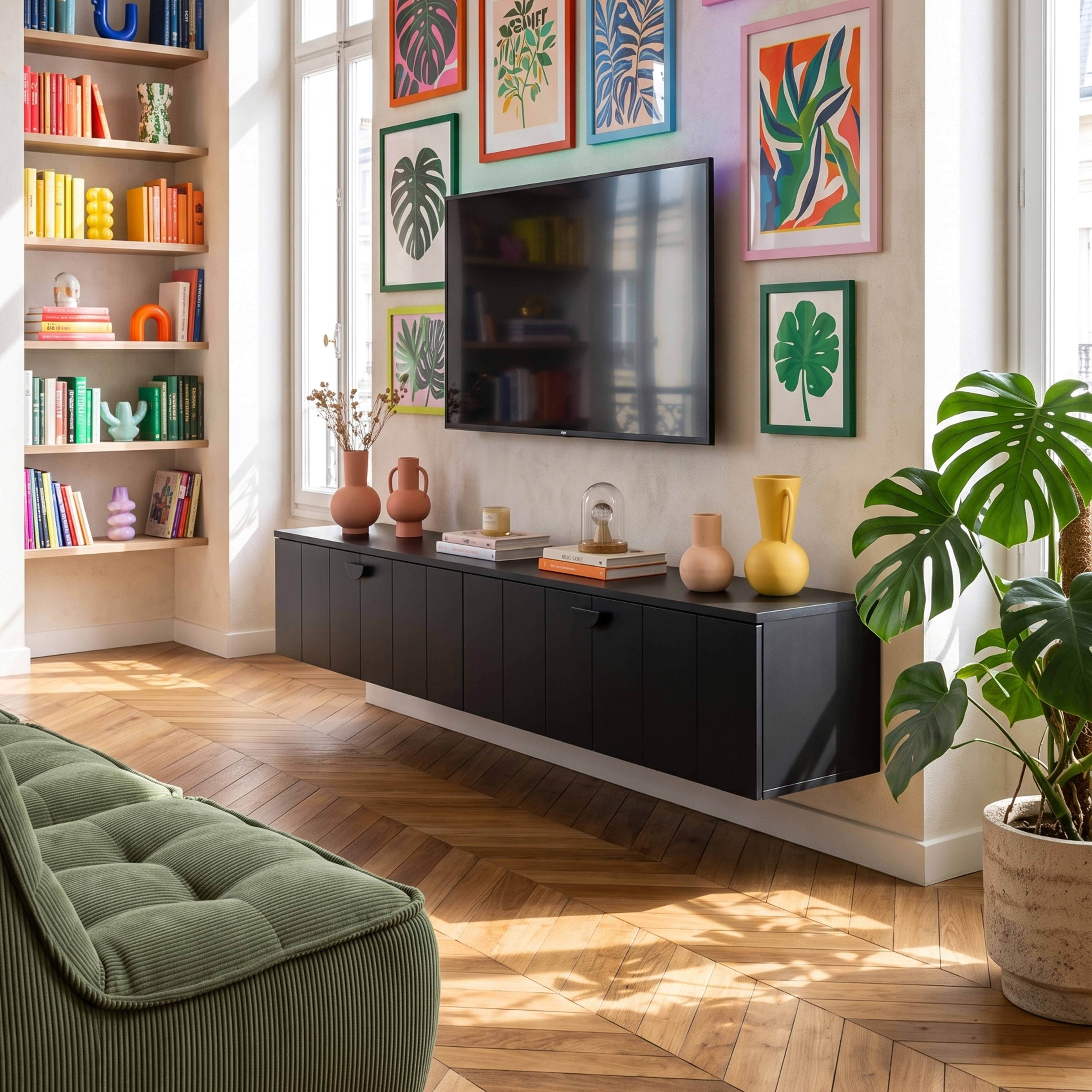Wohnzimmer mit dunklem Sideboard, Fernseher, bunter Bilderwand, Bücherregal, Zimmerpflanze und grünem Sofa.