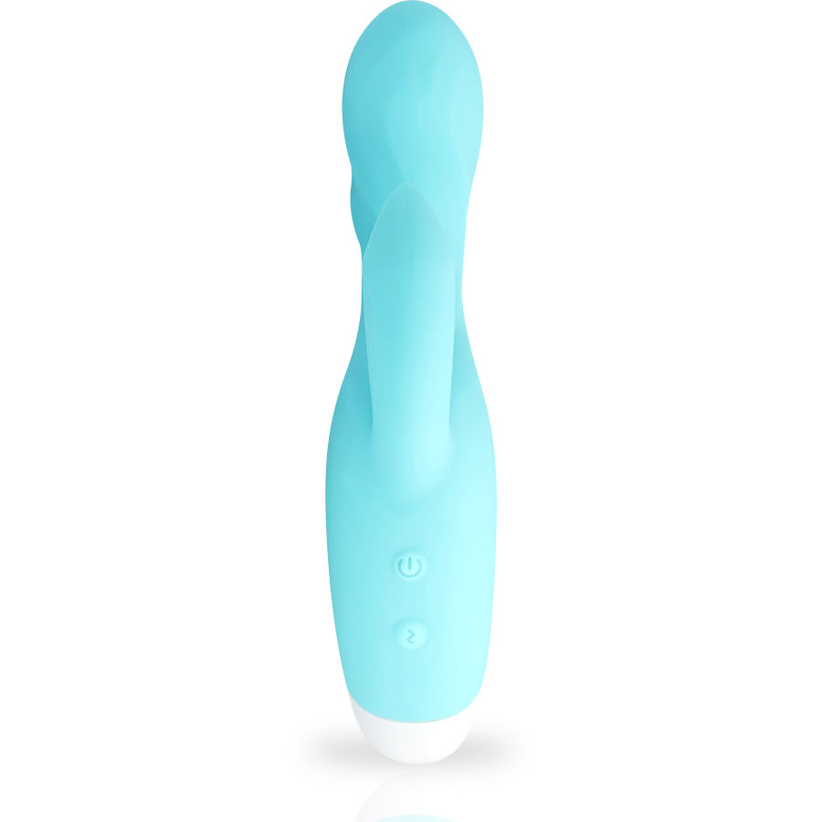 Ein türkisblauer, wellenförmiger Vibrator mit zwei Knöpfen auf einem weißen Hintergrund.