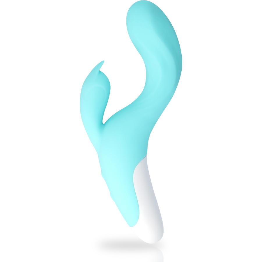 Ein türkisfarbener und weißer, geschwungener Vibrator vor weißem Hintergrund.