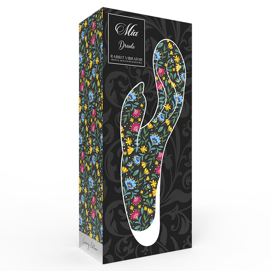 Eine schwarze Verpackungsbox für einen Mia Dresde Kaninchen-Vibrator mit bunten Blumenmustern und weißen Akzenten.