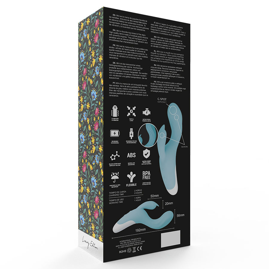 Verpackung eines blauen Silikon-Massagegeräts mit Produktdetails, Maßen und floralem Muster.