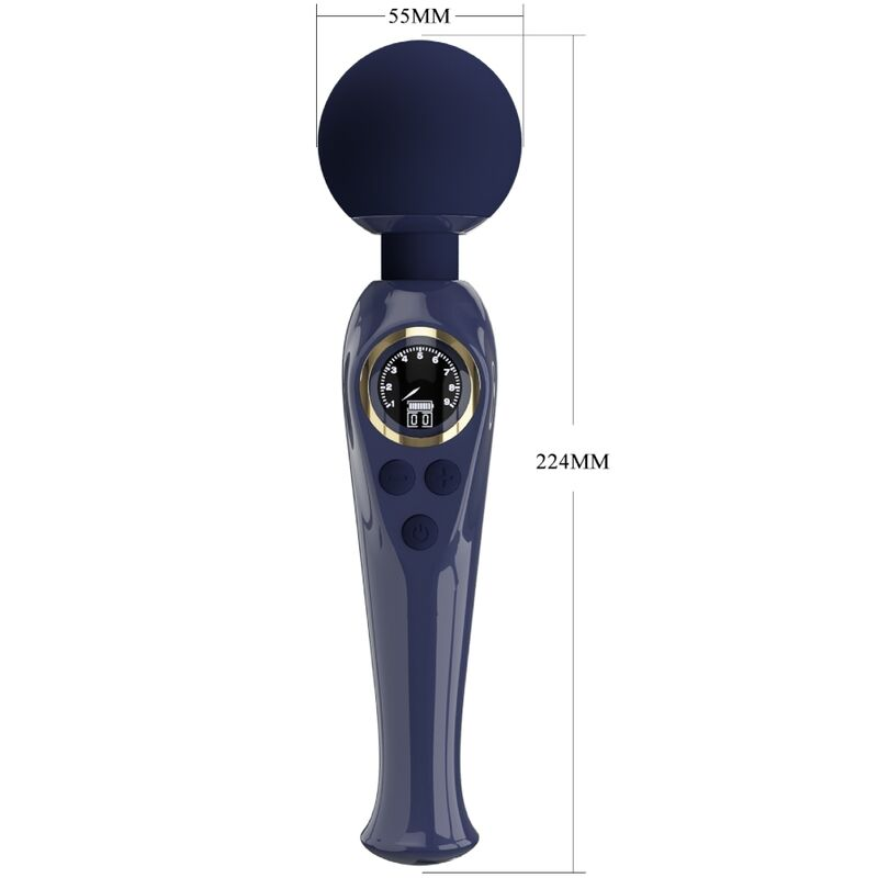 Un masajeador de varita azul oscuro con cabeza esférica, pantalla digital e indicadores de dimensión de 55 mm y 224 mm.