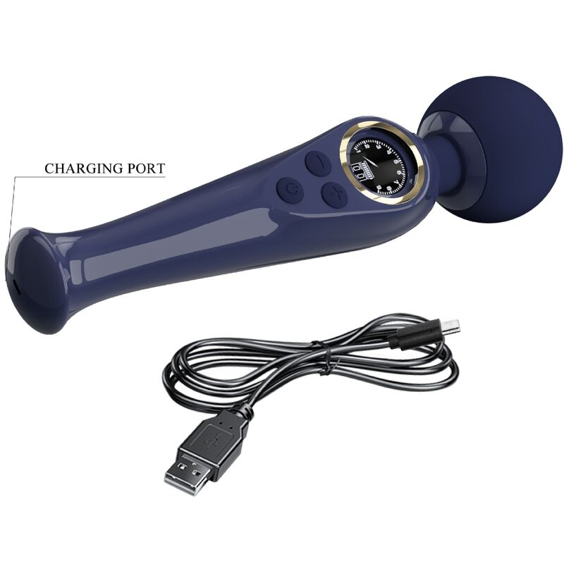 Masajeador corporal azul oscuro con cabeza redonda, botones de control, pantalla y un cable de carga USB.
