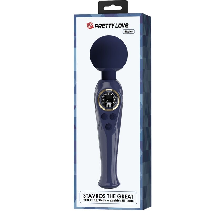 Vibrador de varita mágica de silicona recargable de color azul oscuro en envase azul con botones redondos y pantalla.