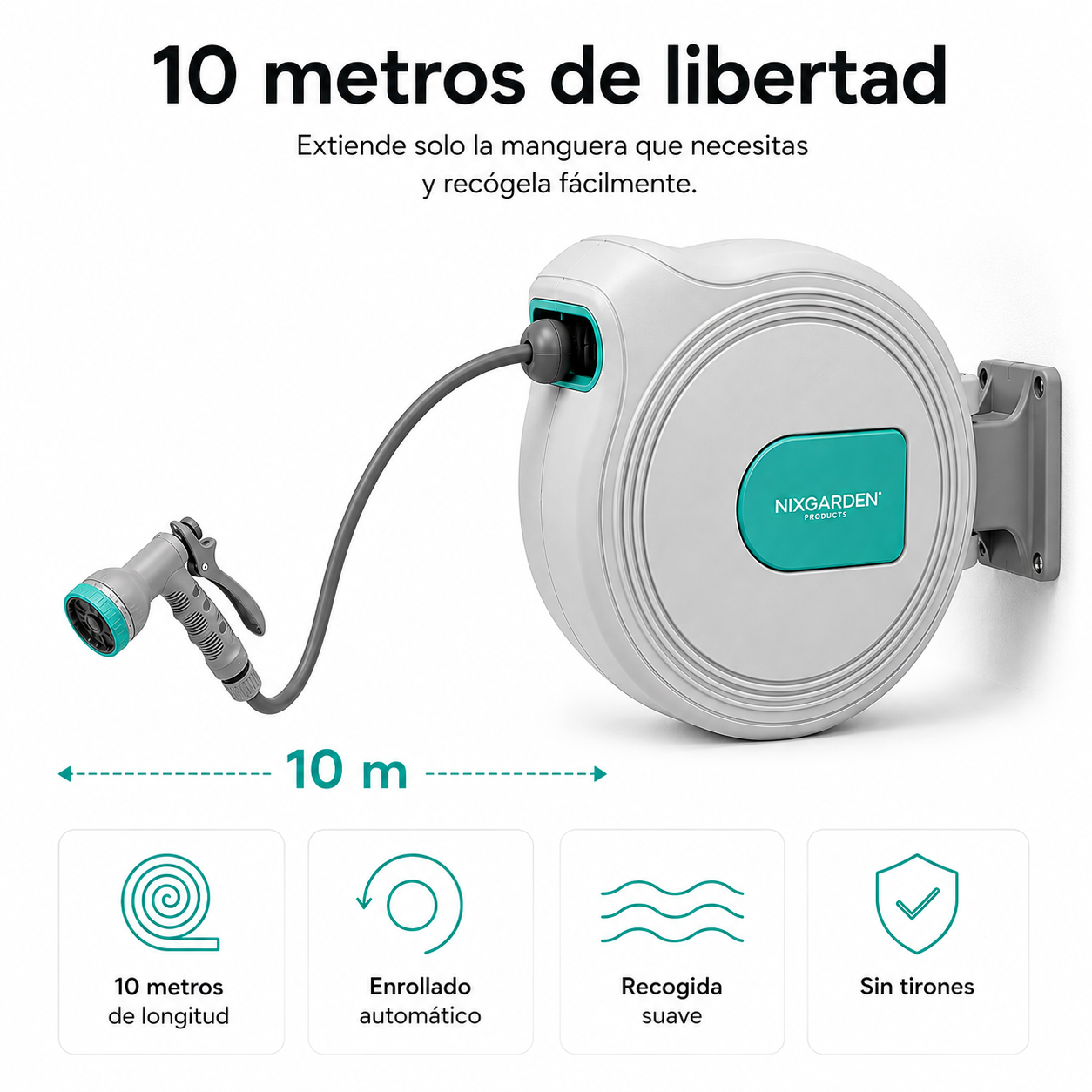 Enrollador de manguera de jardín blanco y turquesa montado en la pared con manguera de 10 metros.