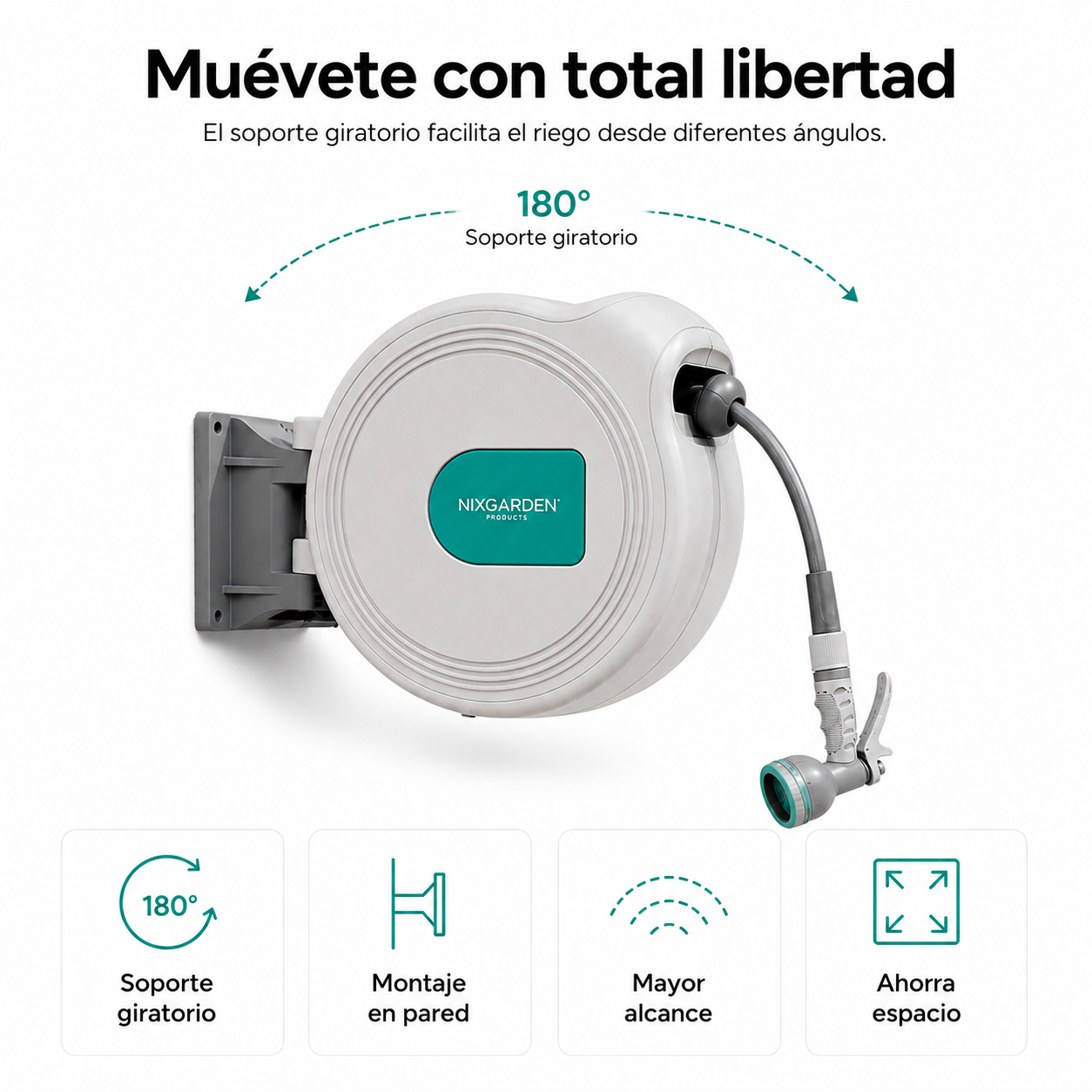 Portamangueras de pared gris Nixgarden con soporte giratorio de 180 grados y pistola de riego.