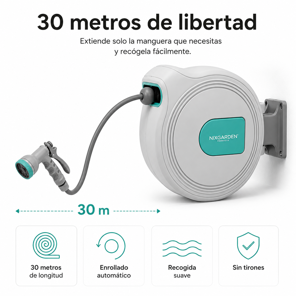 Portamanguera automático gris y turquesa con pistola y iconos de 30 metros, rebobinado automático y sin tirones.