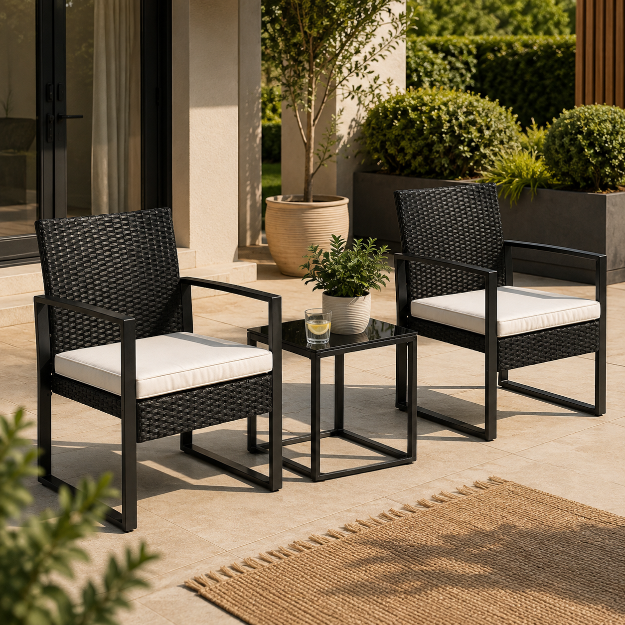 Dos sillones de ratán negro con cojines blancos y una mesa pequeña de vidrio están en una terraza soleada.