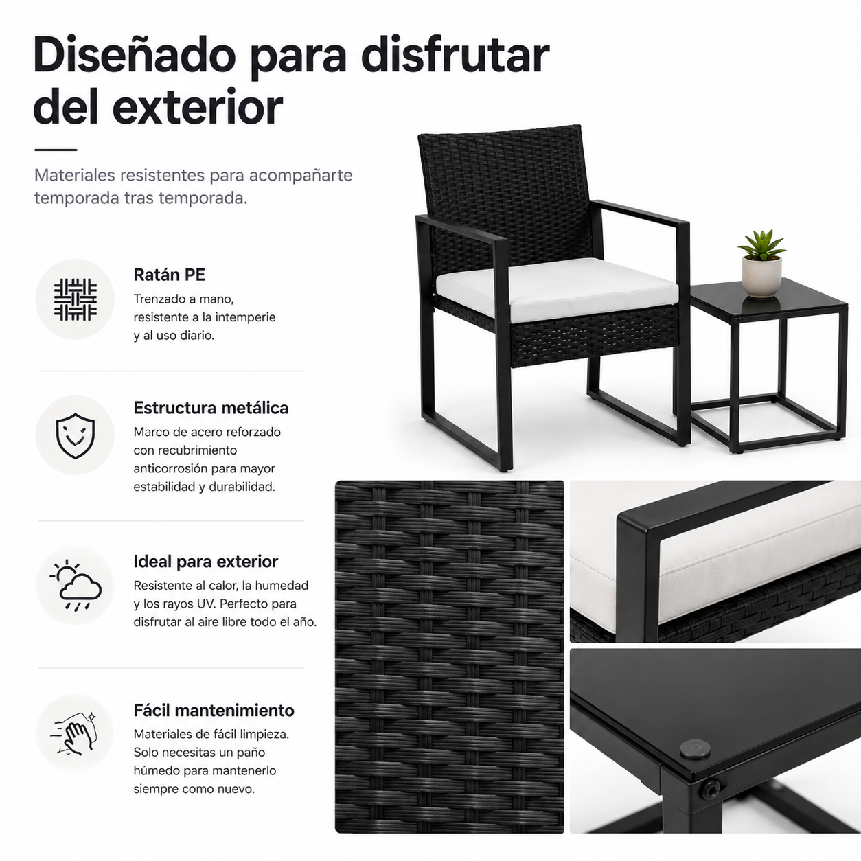 Promo de muebles de exterior con silla de ratán negro, cojín blanco, mesita y detalles de material.